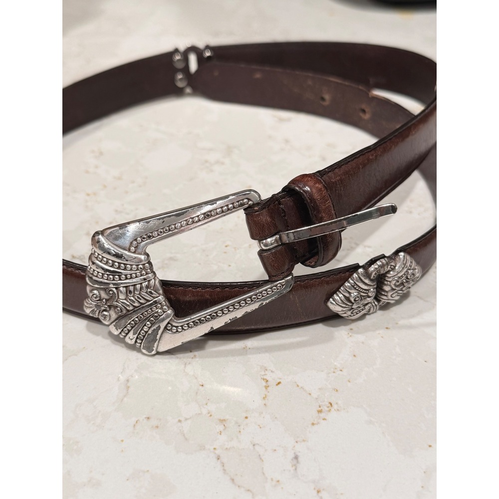 Fossil Dark Brown Genuine Leather Western Belt Ornate Silver Buckle 30.5in